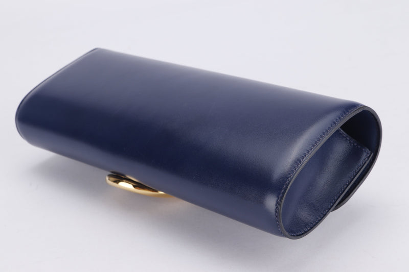 Hermes Egee Clutch (Stamp R) Navy Blue Box Leather, Gold Hardware, with Dust Cover