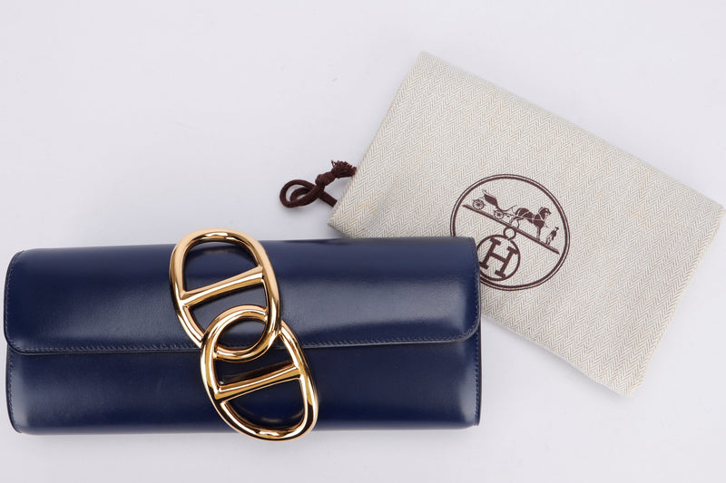 Hermes Egee Clutch (Stamp R) Navy Blue Box Leather, Gold Hardware, with Dust Cover