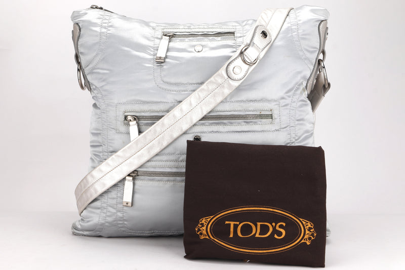 TOD'S SLING BAG SILVER NYLON, WITH DUST COVER