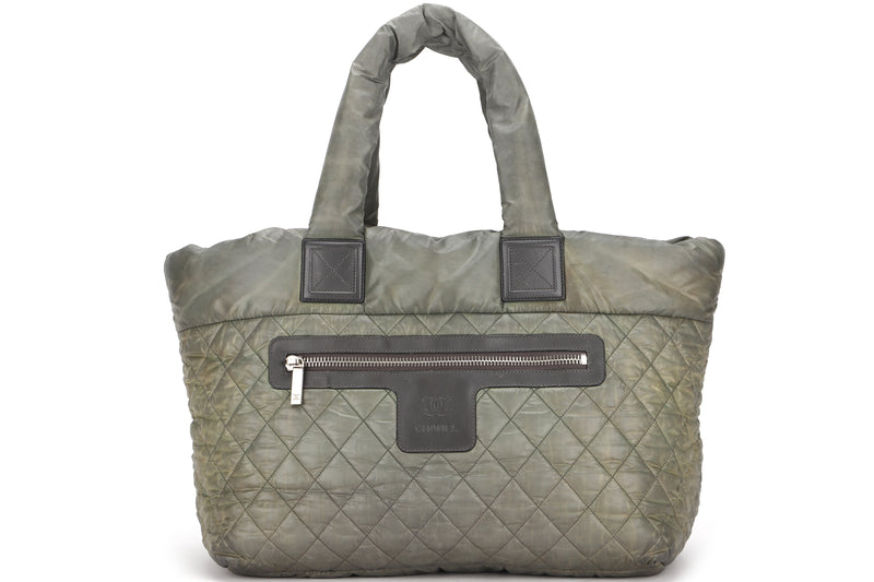 CHANEL COCO COCOON REVERSIBLE TOTE BAG (1358xxxx) ARMY GREEN & GREY NYLON SILVER HARDWARE, NO CARD & DUST COVER