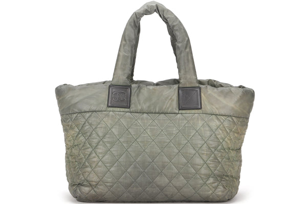 CHANEL COCO COCOON REVERSIBLE TOTE BAG (1358xxxx) ARMY GREEN & GREY NYLON SILVER HARDWARE, NO CARD & DUST COVER