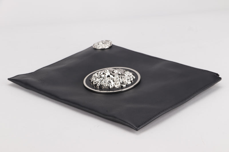 VERSACE VERSUS CLUTCH BLACK LEATHER WITH SILVER LION FACE, WITH DUST COVER