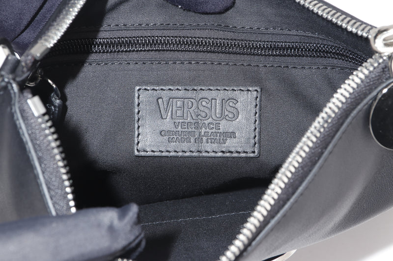 VERSACE VERSUS CLUTCH BLACK LEATHER WITH SILVER LION FACE, WITH DUST COVER