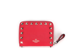 VALENTINO ROCKSTUD RED LEATHER ZIPPY CARD HOLDER, WITH BOX