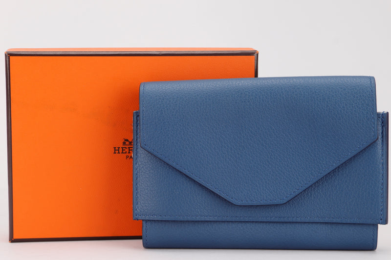 HERMES PASSAN COMPACT WALLET [STAMP X (2016)] BLUE AGATE, EVERCOLOR LEATHER, WITH BOX