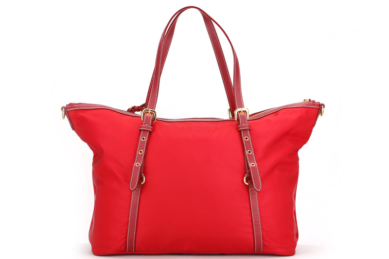 prada red nylon leather large travel tote shopping bag, with dust cover &  strap, no card