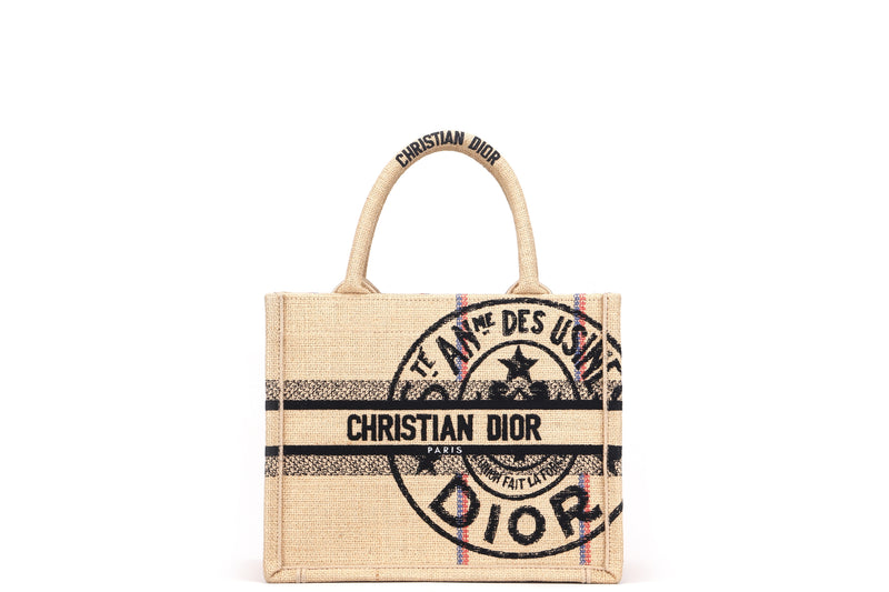 CHRISTIAN DIOR MEDIUM BOOK TOTE (50-MA-0232) PINK MULTICOLOR JUTE CANVAS DIOR UNION MOTIF EMBROIDERY, WITH CARD & DUST COVER