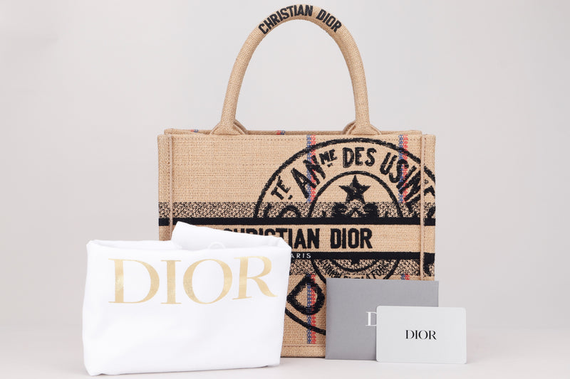 CHRISTIAN DIOR MEDIUM BOOK TOTE (50-MA-0232) PINK MULTICOLOR JUTE CANVAS DIOR UNION MOTIF EMBROIDERY, WITH CARD & DUST COVER