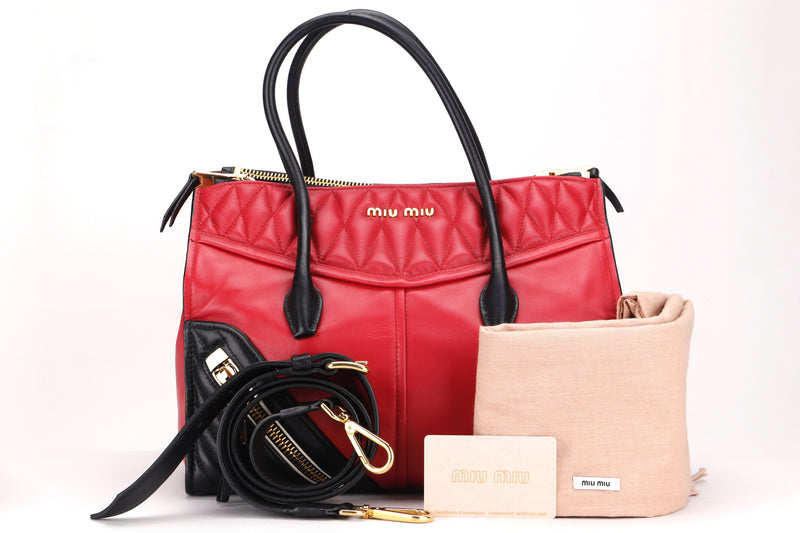MIU MIU RN1031 BIKER BAG IN RED & BLACK NAPPA LEATHER, GOLD HARDWARE, WITH STRAP, CARD &DUST COVER