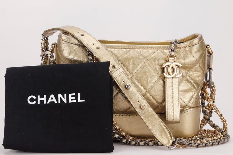 CHANEL GABRIELLE MINI METALLIC GOLD CALF LEATHER SLING BAG (2366xxxx), WITH DUST COVER, NO CARD