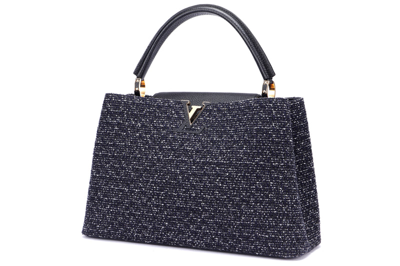 LOUIS VUITTON CAPUCINES (TR4105) MM NAVY TWEED GOLD HARDWARE, WITH DUST COVER
