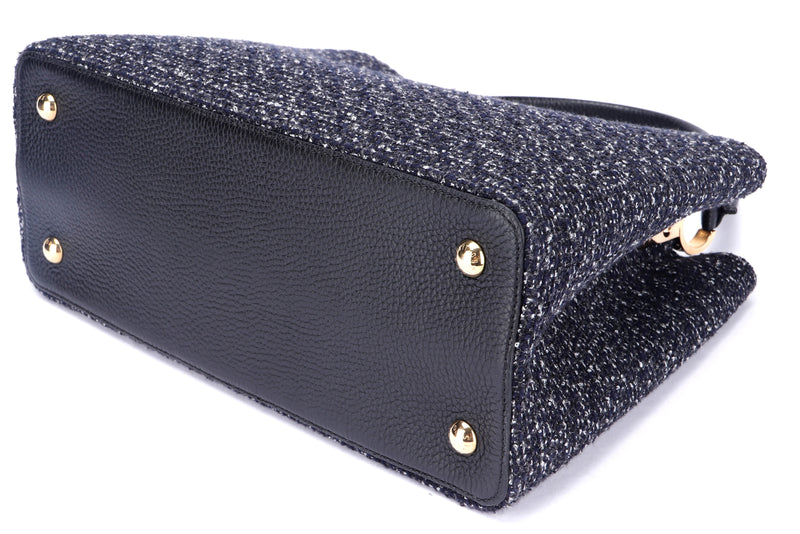 LOUIS VUITTON CAPUCINES (TR4105) MM NAVY TWEED GOLD HARDWARE, WITH DUST COVER