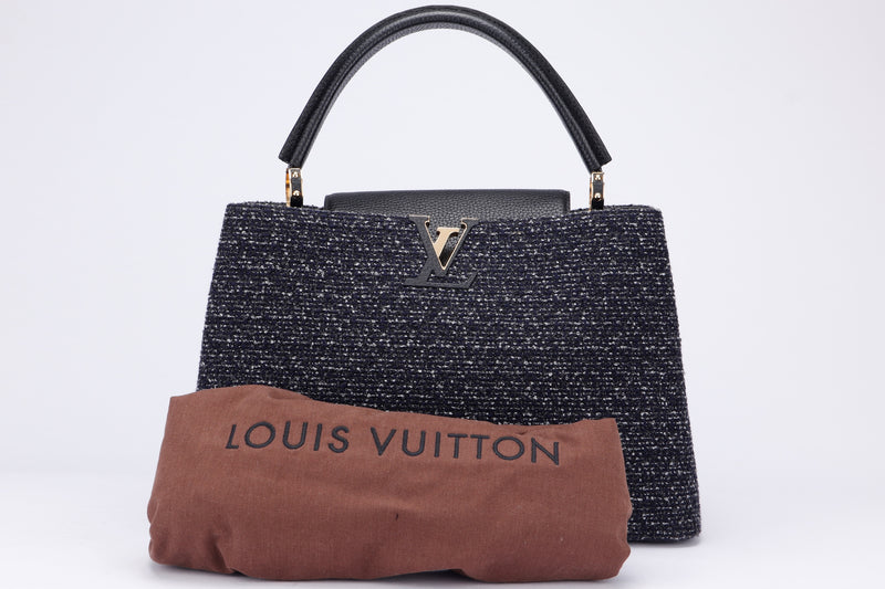 LOUIS VUITTON CAPUCINES (TR4105) MM NAVY TWEED GOLD HARDWARE, WITH DUST COVER