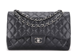 CHANEL CLASSIC FLAP (1616xxxx) JUMBO BLACK CAVIAR LEATHER SILVER HARDWARE, WITH CARD, NO DUST COVER