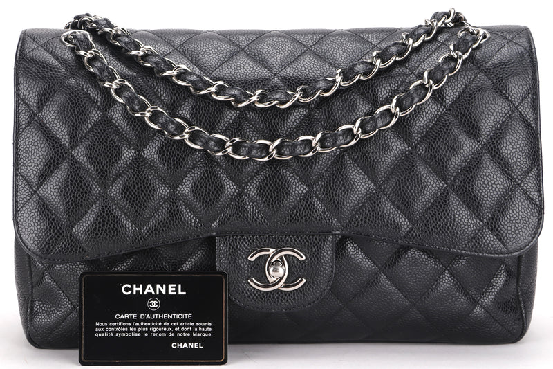 CHANEL CLASSIC FLAP (1616xxxx) JUMBO BLACK CAVIAR LEATHER SILVER HARDWARE, WITH CARD, NO DUST COVER