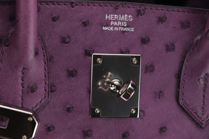 (EXOTIC) HERMES BIRKIN 30 (STAMP C) OSTRICH VIOLET SILVER HARDWARE, WITH LOCK, KEYS, RAINCOAT, DUST COVER & BOX