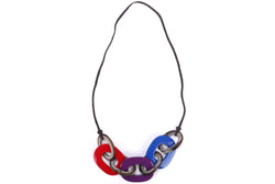 HERMES BUFFALO HORN NECKLACE RED, PURPLE, BLUE ENAMEL, WITH DUST COVER