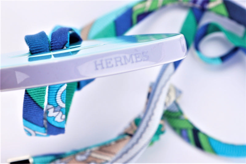 HERMES BUFFALO HORN NECKLACE BLUE, TURQUOISE SILK STRAP, WITH DUST COVER