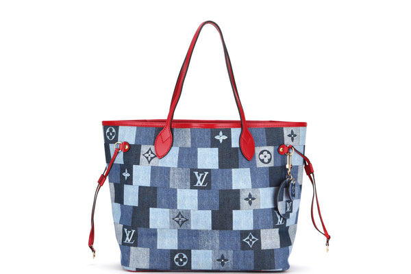 Louis Vuitton Blue and Red Damier Monogram Patchwork Denim Neverfull mm Gold Hardware, 2019 (Like New), Womens Handbag