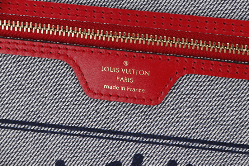 LOUIS VUITTON M44981 DENIM PATCHWORK NEVERFULL (AR5109) MM SIZE RED TRIM, WITH POUCH & DUST COVER