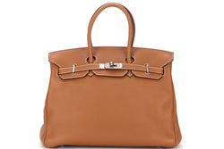 HERMES BIRKIN 35 (STAMP O) GOLD CLEMENCE LEATHER SILVER HARDWARE, WITH KEYS, LOCK, RAINCOAT & DUST COVER