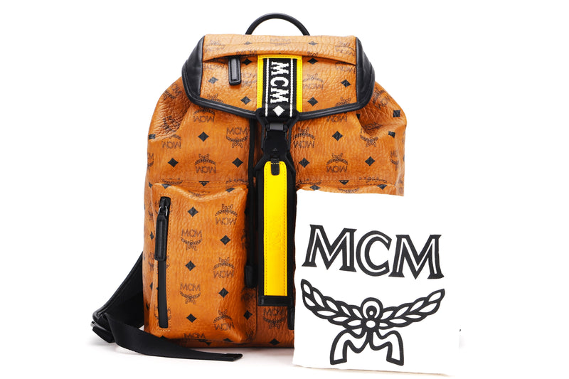 MCM RAYMONDE TWO POCKETS BACKPACK VISETOS PRINT BROWN LEATHER (11351811), WITH DUST COVER