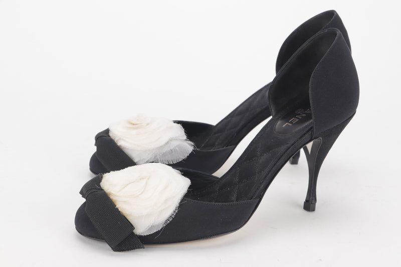 CHANEL SATIN D'ORSAY BLACK SHOES WHITE CAMELIA FLOWER HEEL, SIZE 38, WITH DUST COVER & BOX