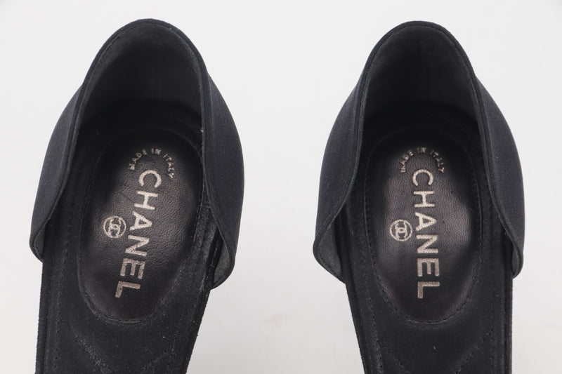 CHANEL SATIN D'ORSAY BLACK SHOES WHITE CAMELIA FLOWER HEEL, SIZE 38, WITH DUST COVER & BOX