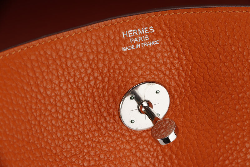 HERMES LINDY 34 (STAMP O) FEU COLOR CLEMENCE LEATHER SILVER HARDWARE, WITH DUST COVER