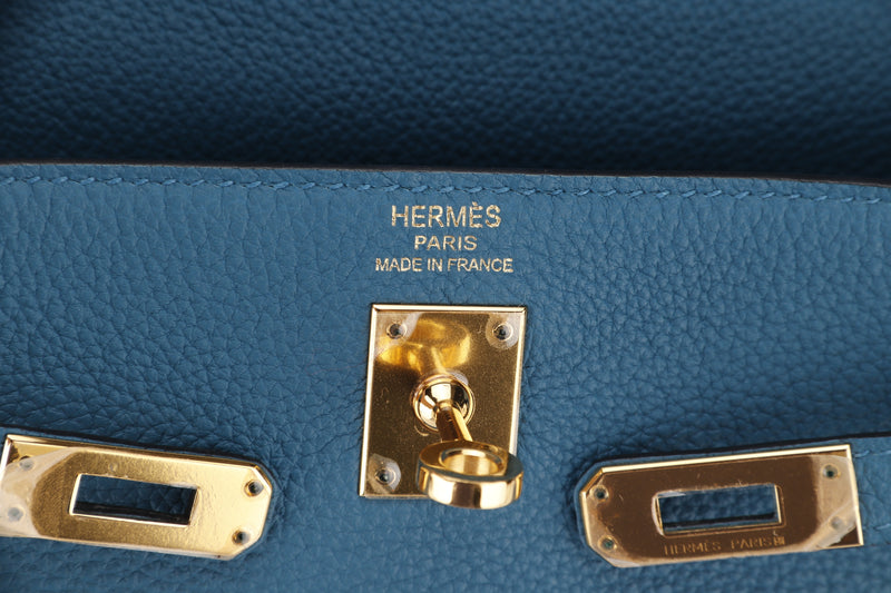 HERMES KELLY 25 (STAMP X) BLUE COBALT TOGO LEATHER GOLD HARDWARE, WITH KEYS, LOCK, STRAP, RAINCOAT, DUST COVER & BOX