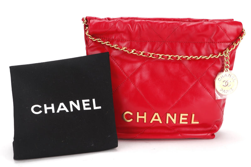 CHANEL 22 MINI (KPXKxxxx) RED CALF LEATHER GOLD HARDWARE, WITH DUST COVER