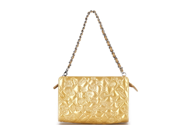 CHANEL EMBOSSED GOLD PATENT LUCKY SYMBOLS BAG (1335xxxx) SILVER HARDWARE, NO CARD, DUST COVER & BOX