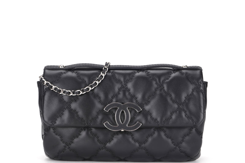 CHANEL WILD STITCH BLACK CALF LEATHER SMALL SHOULDER BAG (1893xxxx) SILVER HARDWARE, WITH CARD & DUST COVER