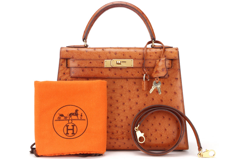 (EXOTIC) HERMES VINTAGE KELLY 28CM (STAMP U YEAR 1991) OSTRICH COGNAC GOLD HARDWARE, WITH STRAP, LOCK, KEYS & DUST COVER