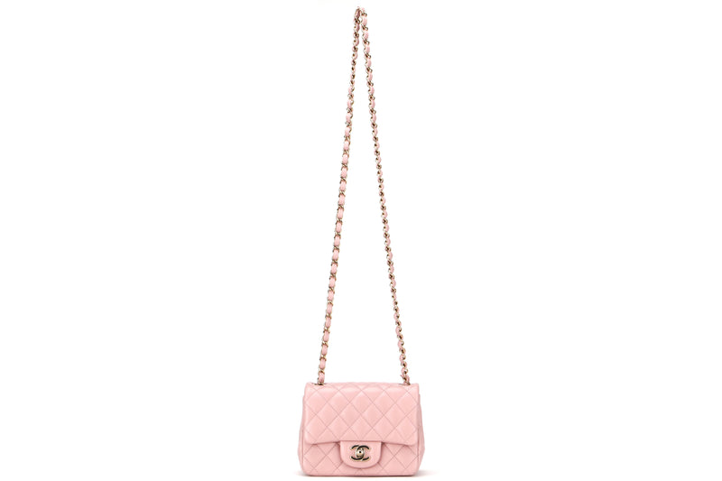 CHANEL CLASSIC MINI SQUARE (LPTUxxxx) POWDER PINK CALF LEATHER LIGHT GOLD HARDWARE, WITH DUST COVER & BOX