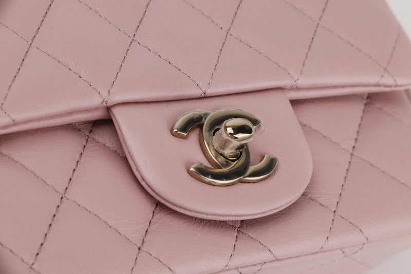 CHANEL CLASSIC MINI SQUARE (LPTUxxxx) POWDER PINK CALF LEATHER LIGHT GOLD HARDWARE, WITH DUST COVER & BOX