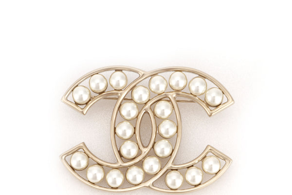 CHANEL CC PEARL BROOCH GOLD HARDWARE, WITH BOX