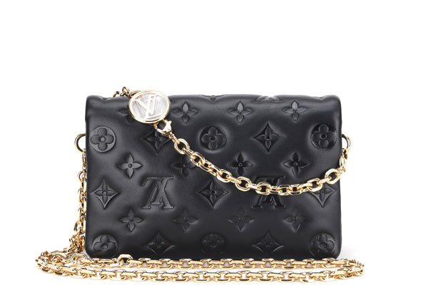 LOUIS VUITTON M80742 POCHETTE COUSSIN BLACK MONOGRAM EMBOSSED LAMBSKIN GOLD HARDWARE, WITH, CHAIN, DUST COVER & BOX