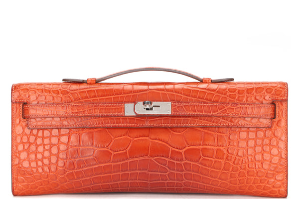 (EXOTIC) HERMES KELLY CUT [STAMP T (2015)] MATTE ORANGE ALLIGATOR SILVER HARDWARE, WITH BOX, NO DUST COVER