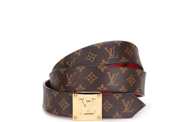 LOUIS VUITTON M0067 MONOGRAM WITH RED LEATHER 85CM SQUARE BUCKLE BELT, WITH DUST COVER &amp; BOX