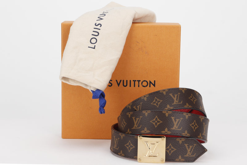 LOUIS VUITTON M0067 MONOGRAM WITH RED LEATHER 85CM SQUARE BUCKLE BELT, WITH DUST COVER &amp; BOX