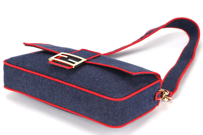 FENDI 8BR771 BAGUETTE LARGE DENIM WITH RED TRIM GOLD HARDWARE, WITH STRAP, HANDLE, CARD & DUST COVER
