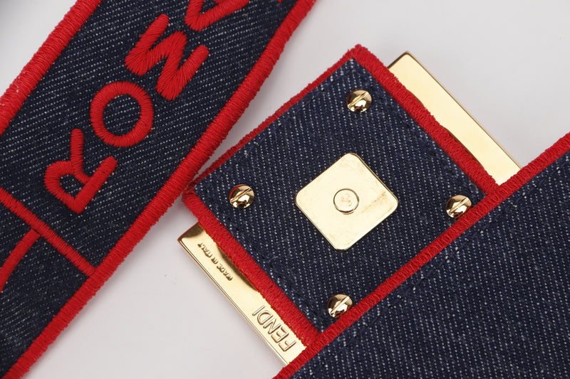 FENDI 8BR771 BAGUETTE LARGE DENIM WITH RED TRIM GOLD HARDWARE, WITH STRAP, HANDLE, CARD & DUST COVER