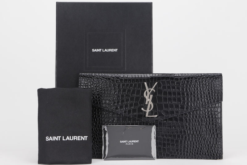 SAINT LAURENT YSL UPTOWN POUCH (MAL565739.0719) CROC EMBOSSED LEATHER MEDIUM BLACK SILVER HARDWARE, WITH CARD, DUST COVER & BOX