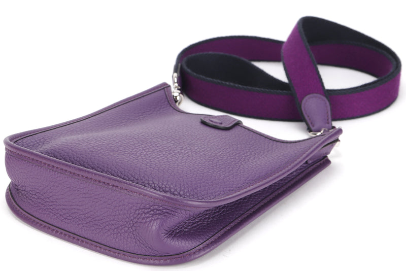 HERMES MINI EVELYNE TPM (STAMP P) PURPLE CLEMENCE LEATHER SILVER HARDWARE, WITH STRAP, DUST COVER &amp; BOX
