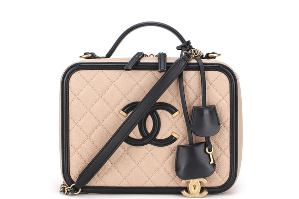 CHANEL FILIGREE VANITY CASE (2805xxxx) LARGE BEIGE & BLACK CAVIAR LEATHER, WITH CARD, LOCK, KEY & DUST COVER