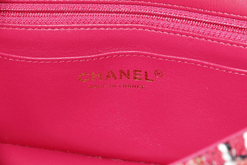 CHANEL CLASSIC FLAP MINI (JTEAxxxx) RED PINK BLACK TWEED QUILTED GOLD HARDWARE, WITH DUST COVER & BOX