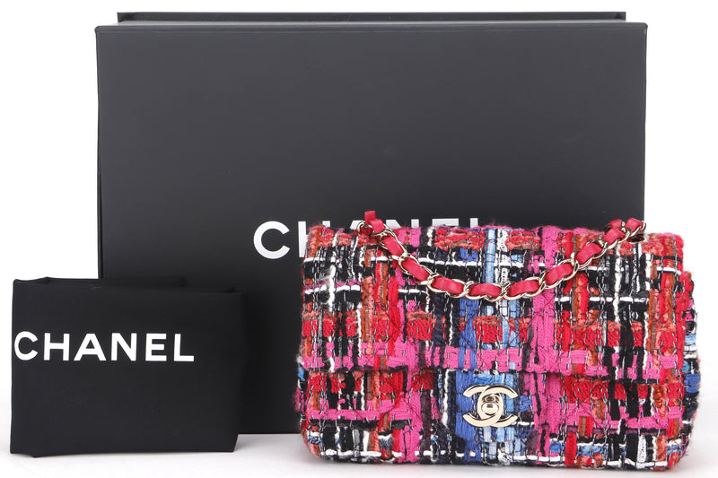CHANEL CLASSIC FLAP MINI (JTEAxxxx) RED PINK BLACK TWEED QUILTED GOLD HARDWARE, WITH DUST COVER & BOX