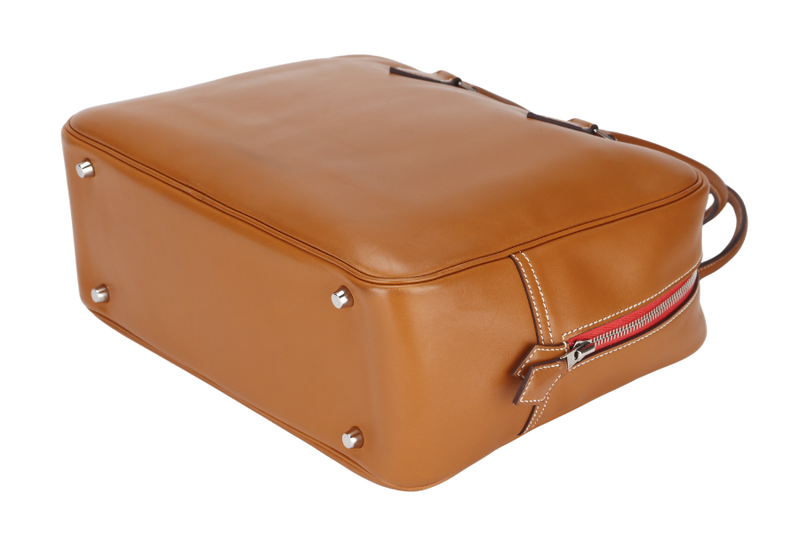 HERMES PLUME 28 (STAMP Q) BARENIA NATURAL WITH RED ZIPPER WITH DUST COVER