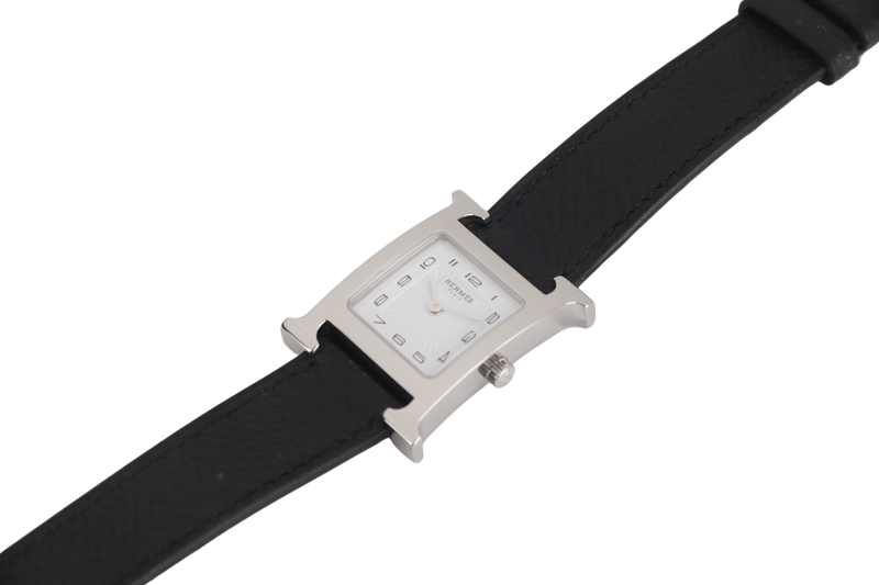 HERMES H.HEURE PM WATCH SILVER BLACK STRAP WITH CERT & BOX